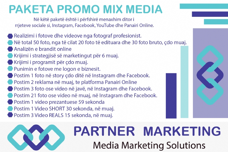 Paketa Promo Mix Media Sociale nga Partner Marketing, sherbime nga agjenci marketingu, fotograf per e-commerce, menaxhim rrjetesh sociale per bizneset, dizajn dhe fotografi per shitje, dizajn postimesh per rrjete sociale